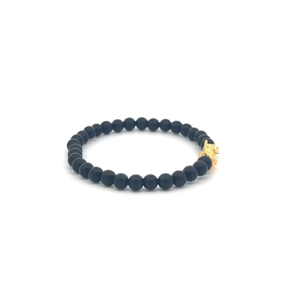 18K Gold Pixiu Piyao Bracelet Mini Gemstones Matte Onyx 4mm Elastic Bracelet - Picture 5 of 6